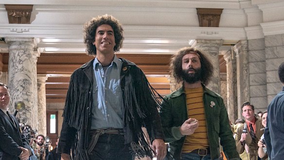 Sacha Baron Cohen and Jeremy Strong in The Trial of the Chicago 7. 