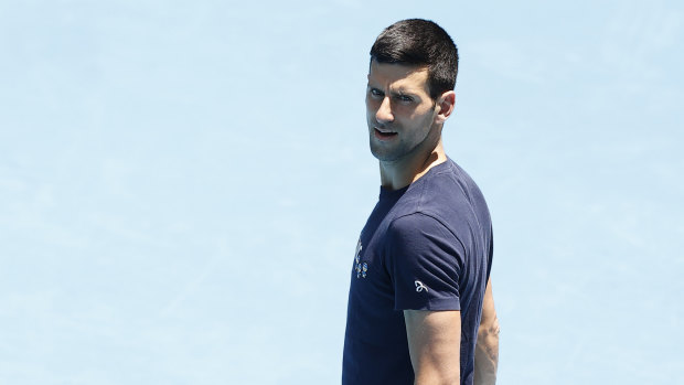 Novak Djokovic training in Melbourne yesterday. 