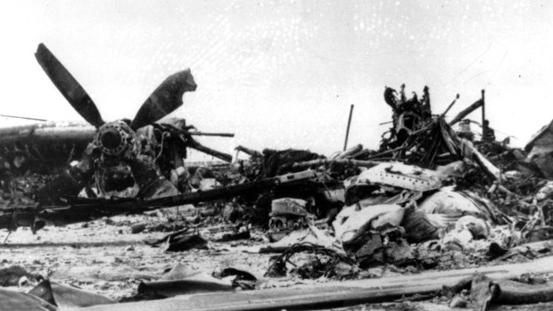 The scorched wreckage of an American C-130 Cargo aircraft in the Iranian desert of Dasht-E-Kavir, approximately 500 kilometers from Tehran.