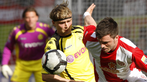 Victory target: Tim Hoogland (right) playing for Mainz in the German first division Bundesliga. 