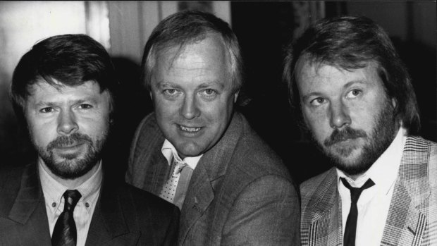 Tim Rice with ABBA's Bjorn Ulvaeus and Benny Andersson at the original announcement of the musical <i>Chess<i>.