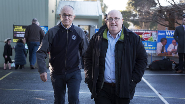 Prime Minister Malcolm Turnbull and Brett Whiteley, the Liberal candidate for Braddon, in Devonport on polling day.