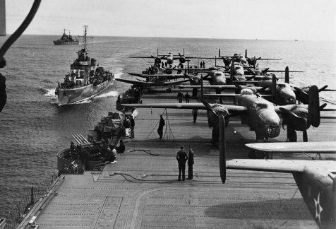 Sixteen B-25 medium bombers aboard the carrier USS Hornet within take-off distance of the Japanese Islands. 