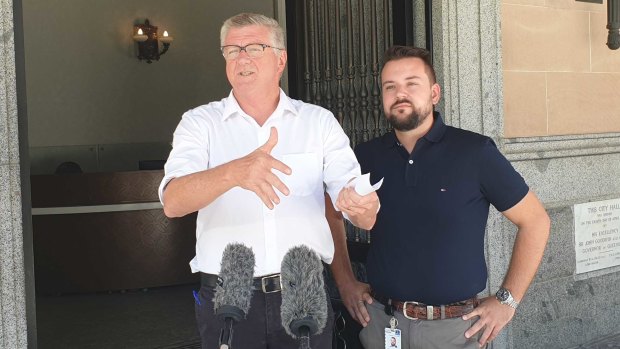 Labor lord mayoral candidate Pat Condren and Brisbane City Council opposition leader Jared Cassidy outside Brisbane City Hall.