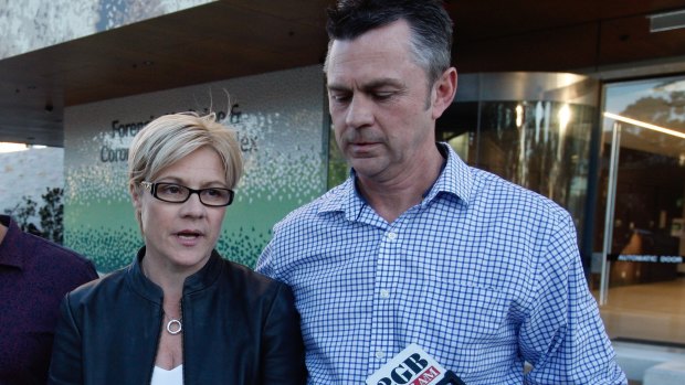 Alex Ross-King's mother, Jennie (left), speaks outside court next to her partner Andrew Murphy.