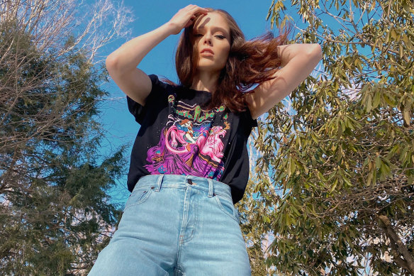 Model Coco Rocha wears Stella McCartney’s superheroes T-shirt.