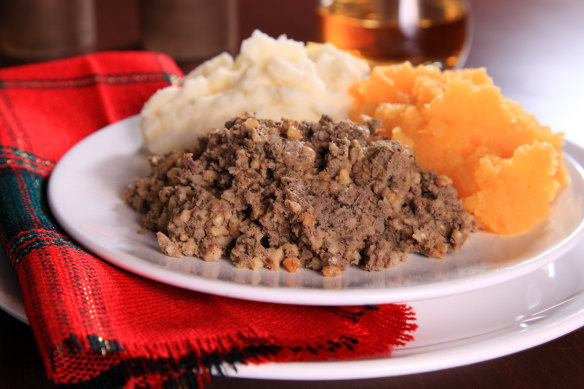 Haggis: a boiled bag of sheep intestines, assorted offal and oats.