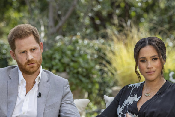 Prince Harry and Meghan, Duchess of Sussex, during their interview with Oprah Winfrey.