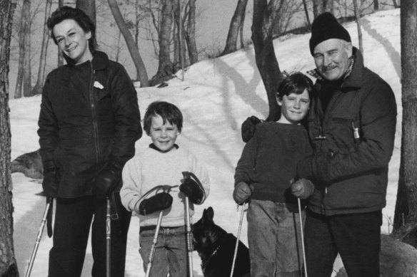 Zoe Caldwell and her husband Robert Whitehead with their sons Charlie and Sam skiing on their estate at Pound Ridge in Westchester Country, New York, accompanied by their dogs Lew and Fanny. March 30, 1978.