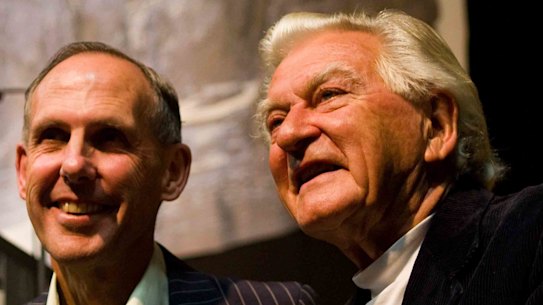 Bob Hawke and Bob Brown at  a celebration in Hobart to mark the 25th anniversary  of the decision to stop the damming of the Franklin river.