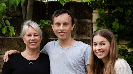 Kate Lorden with her teenage children Oliver and Liza Smith at home in Balmain.