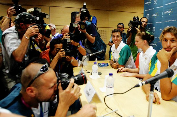 Ian Thorpe (right) at a press conference ahead of the Athens Olympics with teammates Matt Welsh and Leisel Jones