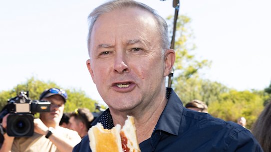 Anthony Albanese eating a sausage sandwich.