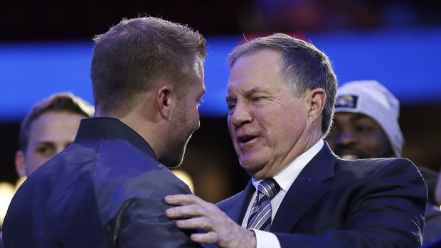 The master and the apprentice: Los Angeles Rams head coach Sean McVay (left) shakes hands with New England's Bill Belichick in the lead-up to the Super Bowl.