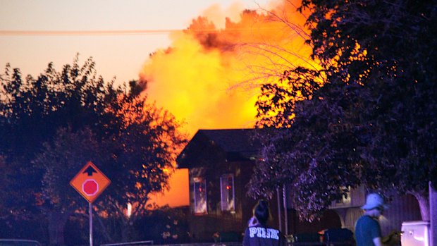 A fire breaks out behind the Casa Corona restaurant following an earthquake in Ridgecrest on Friday.