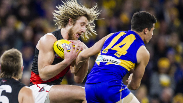 Essendon skipper Dyson Heppell in action against the Eagles.