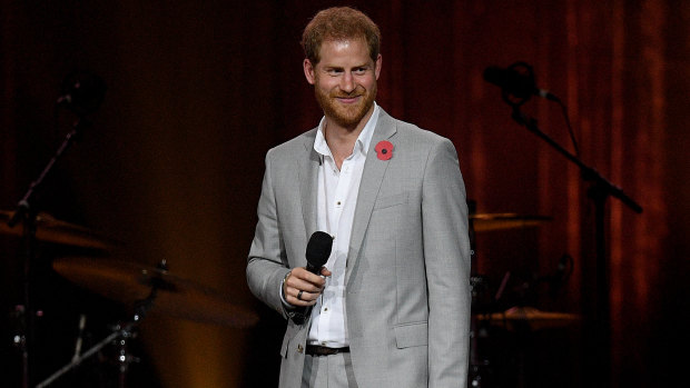 Prince Harry, the Duke of Sussex gives the closing address during the closing ceremony of the Invictus Games in Sydney on Saturday.