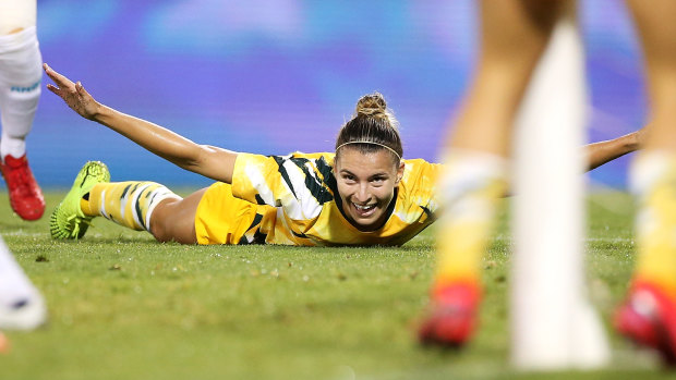 Steph Catley celebrates scoring a goal in Australia's Olympic qualifying win over Chinese Taipei in February.