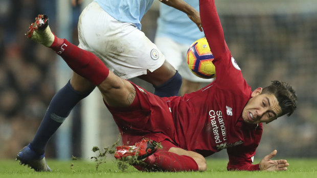 Blades of glory: Roberto Firmino takes a closer look at Ethiad Stadium's suspect playing surface.