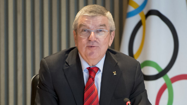 IOC president Thomas Bach addressing the media in Switzerland