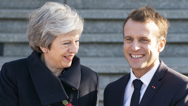 British PM Theresa May with French president Emmanuel Macron at an Armistice Day commemorations in Paris.