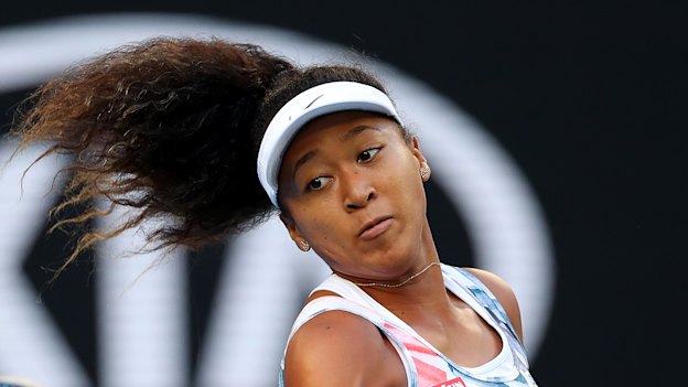 Osaka sends down a forehand at the 2020 Australian Open.
