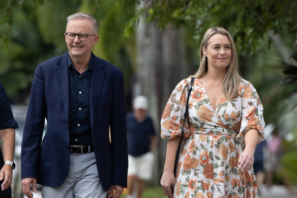 Opposition Leader Anthony Albanese and his partner Jodie Haydon arriving for an Easter Sunday service in Queensland. 