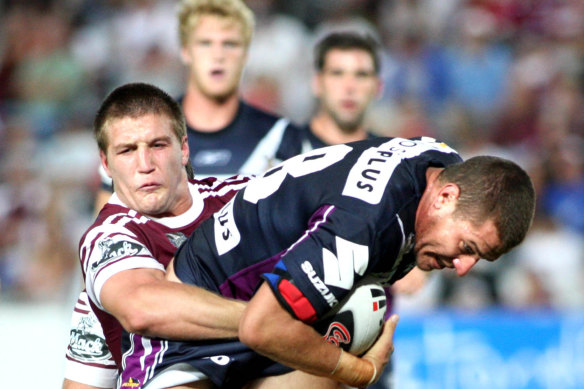 Lucas Miller playing for Melbourne on February 15, 2008 against Manly at Gosford.