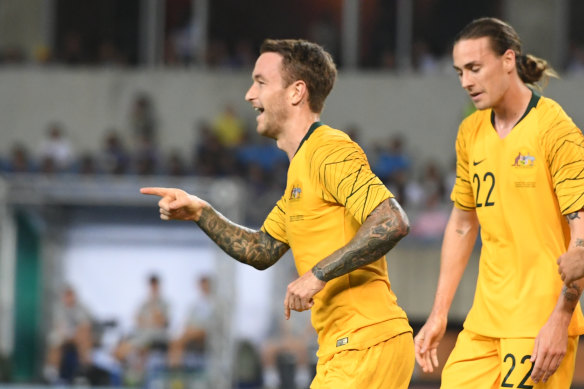 Adam Taggart after scoring for the Socceroos against Taiwan on Tuesday night.