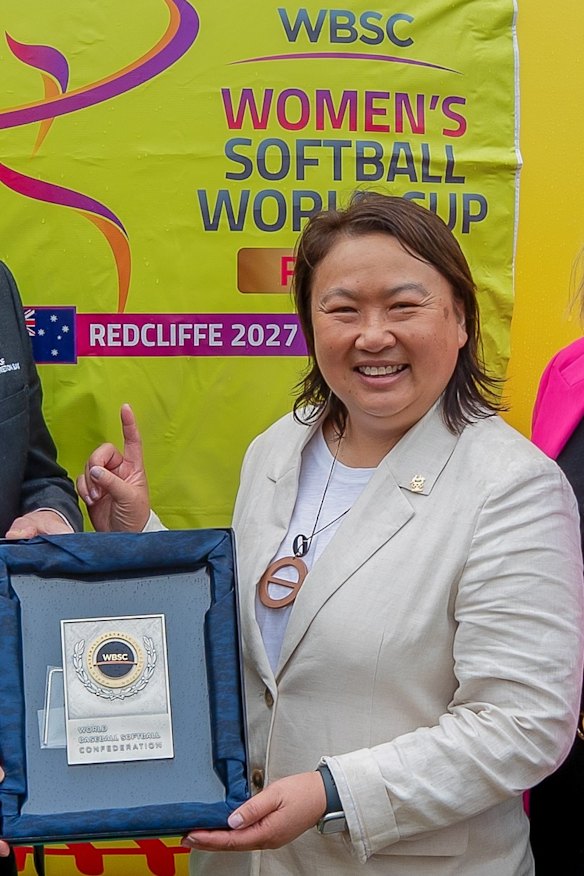Softball Australia chief executive Sarah Loh at last month’s announcement that Redcliffe would host the 2027 Women’s Softball World Cup.