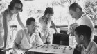 Happier times. Lee Kuan Yew at home playing Chinese chess with his wife, two sons and daughter.