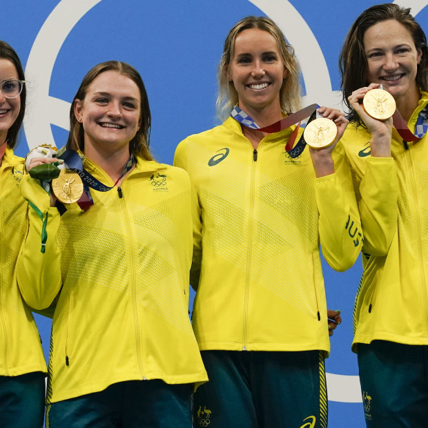 Medal-winning machines ... Kaylee Mckeown, Chelsea Hodges, Emma Mckeon and Cate Campbell after winning the 4x100m medley relay.
