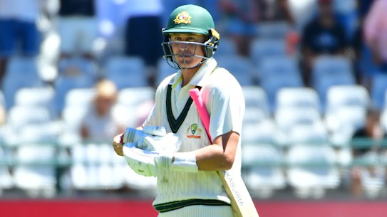 Marnus Labuschagne of Australia walks off after being dismissed during day 2.