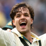 Sam Konstas and Pat Cummins celebrate Australia’s victory on Monday.