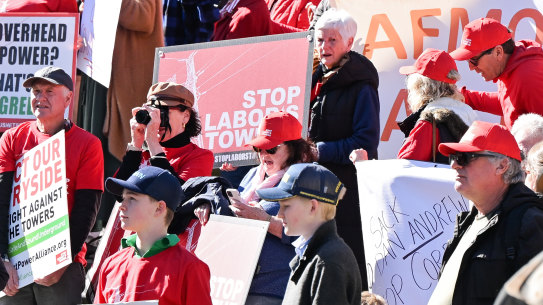 Farmers from Victoria’s western district at the steps of State Parliament protesting the rollout of transmission lines through their region. 