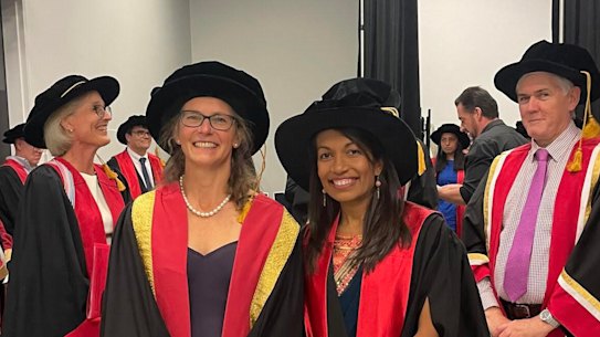 Royal Australasian College of Physicians (RACP) President, Professor Jennifer Martin (left), with RACP president-elect Dr Sharmila Chandran in 2024.