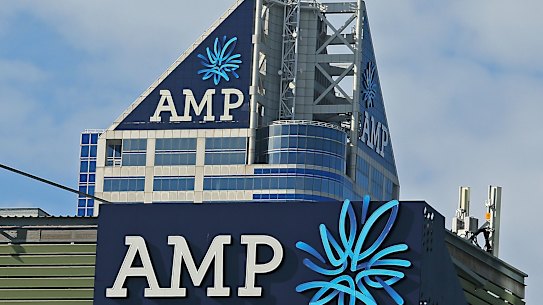 The AMP logo is seen on the AMP building in Melbourne.