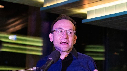 Australian Greens leader Adam Bandt speaking at the party’s campaign HQ in Melbourne on election night.