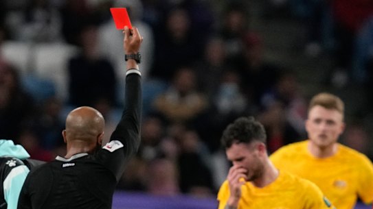 Socceroo Aiden O’Neill is given his marching orders at the Asian Cup.