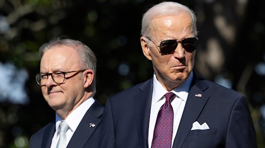 Far from the smoking ruins of the Yes campaign, Prime Minister Anthony Albanese with US President Joe Biden at the White House on Wednesday.