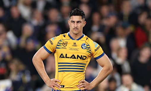 Tough day at the office: Dylan Brown watches Penrith celebrate.