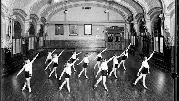 A 1930 "physical culture" class set up in the ballroom.