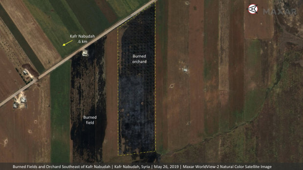 Significant damage to fields and orchards south of Kfar Nabudah, Syria, on May 26 as a result of a government offensive.
