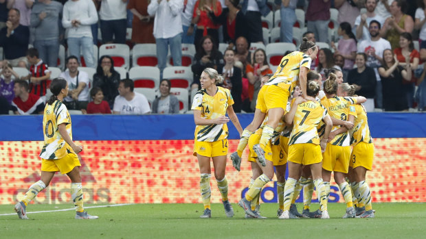 The Australians celebrate Elise Kellond-Knight's equaliser.