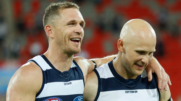 Dynamic duo: Geelong's Joel Selwood and Gary Ablett after the narrow win over Sydney on Sunday.