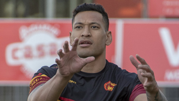 Israel Folau trains with Catalan Dragons in Perpignan, southern France, ahead of his scheduled debut for the club.