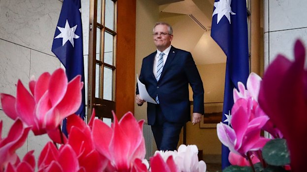 Prime Minister Scott Morrison arrives to announce his new ministry, which rewarded supporters and punished some plotters. 