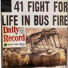 A newspaper report on the bus fire in which Swan was injured.