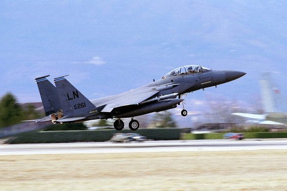 An F-15E Strike Eagle takes off from NATO's Aviano, Italy air base.