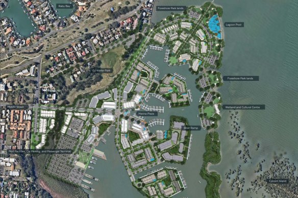 The Walker Group’s plan, as of June 2018, for Cleveland’s Toondah Harbour, which has been rejected because it is built over 38 hectares of protected wetlands.